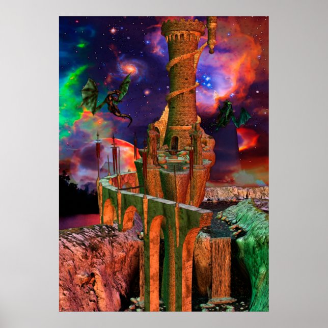 Fantasy Worlds Dragon Fight Fantasy Art Poster (Framsidan)
