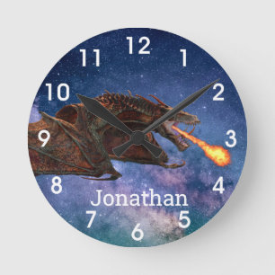 Fantasy Wyvern Fire Breathing Dragon Monogram Rund Klocka