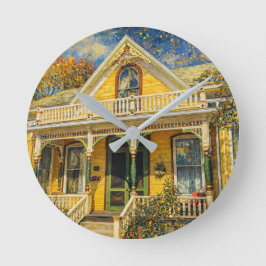 Fantasy Yellow Victorian Hus Rund Klocka