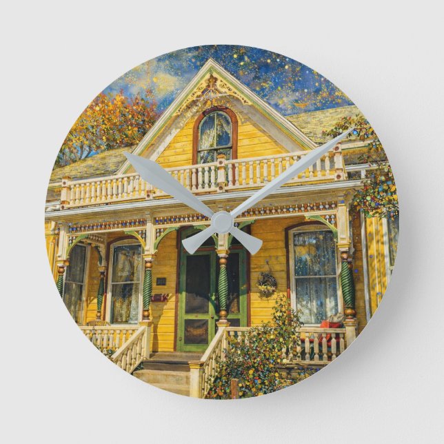Fantasy Yellow Victorian Hus Rund Klocka (Framsida)