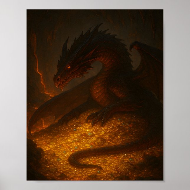 Fantasyaffisch med gyllene drakar som vaktar skatt poster (Framsidan)