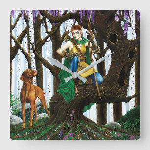 Fantasyälv Bågskytt Vizsla Hund Förtrollad Skog Fyrkantig Klocka