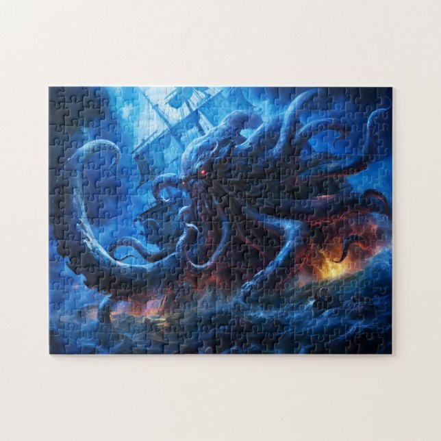 Fantasybild Kraken attackerar fartyg till sjöss Pussel (Horisontell)