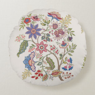 Fantasyblommor i retro, vintage, jacobean embroi rund kudde