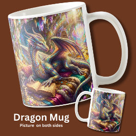 Fantasydrake med bok & kaffe i hennes håla kaffemugg