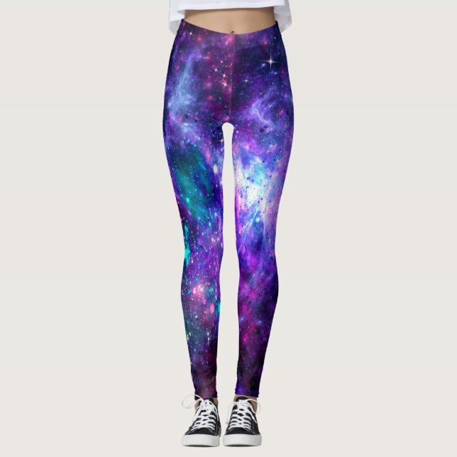 Fantasygalax Kosmisk rymd Lila Turkos Rosa Leggings (Framsida)