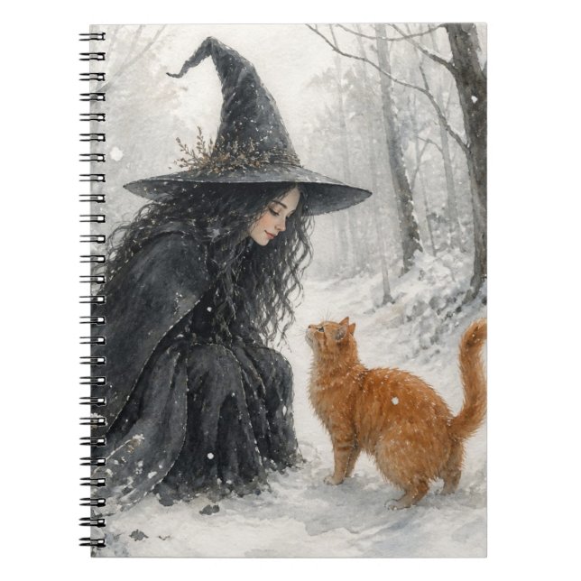 Fantasyhäxa och rödhårig katt i vinter skog anteckningsbok (Framsidan)