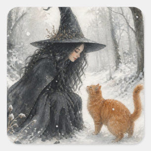 Fantasyhäxa och rödhårig katt i vinter skog fyrkantigt klistermärke