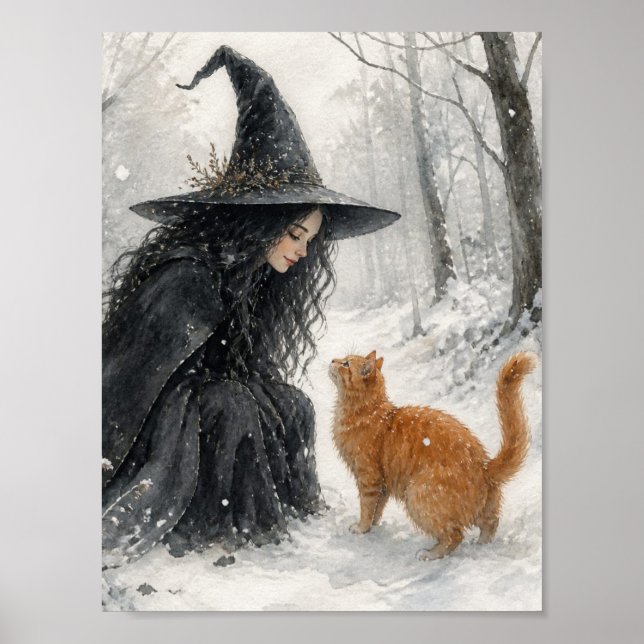 Fantasyhäxa och rödhårig katt i vinter skog poster (Framsidan)