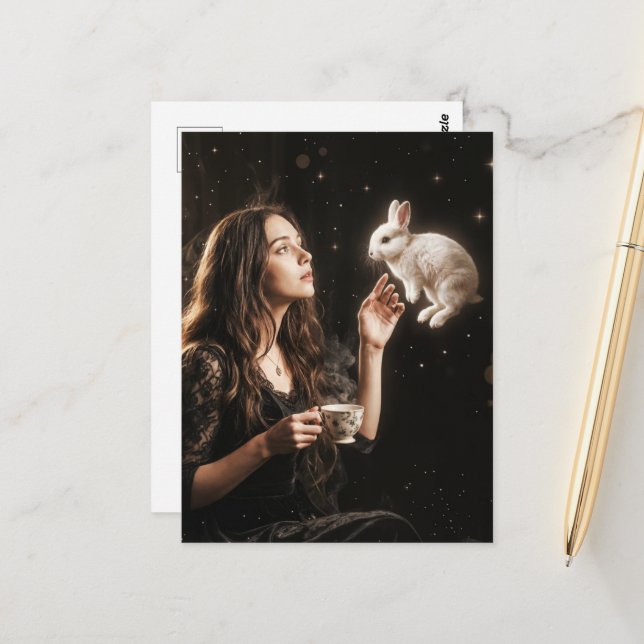 Fantasykonst Surreal teetid med vit kanin  Vykort (Fram/Back In Situ)