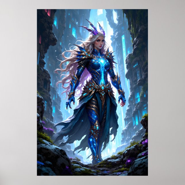 Fantasykrigardrottning som går genom en mystisk poster (Framsidan)