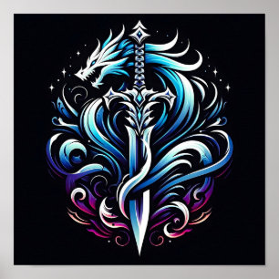 Fantasykrigare Mystisk Drak Svärd Flamma Poster