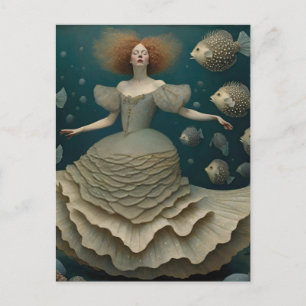 Fantasykvinna i en fin dress under havet vykort