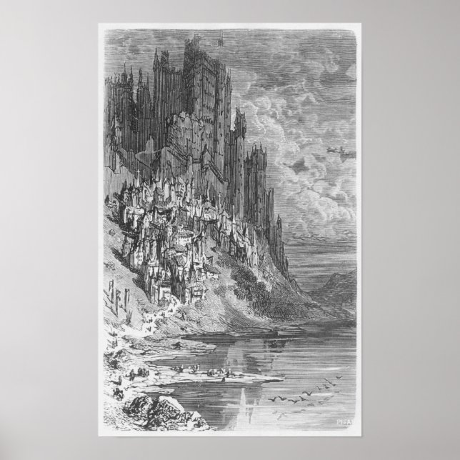 Fantasyllandskap med stad och slott poster (Framsidan)