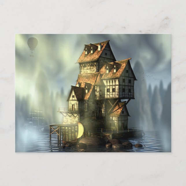 Fantasyska hus vid Vatten Vykort (Framsida)