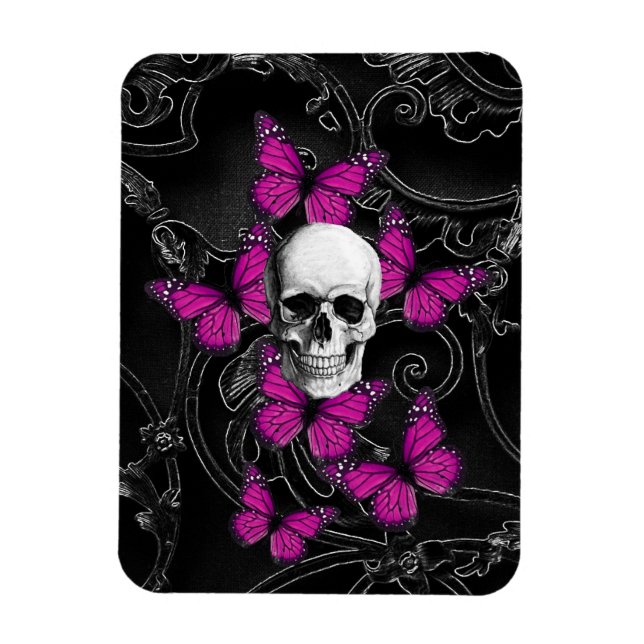 Fantasyskalle och shock rosa butterflies magnet (Vertikal)