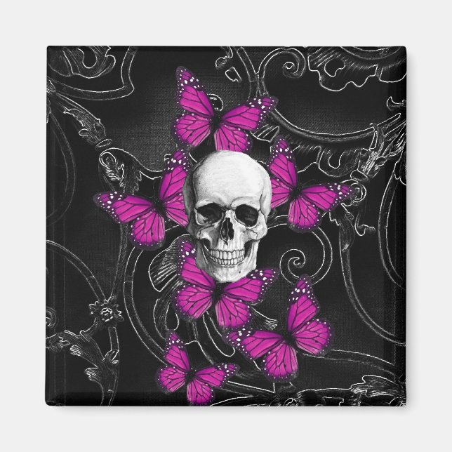 Fantasyskalle och shock rosa butterflies magnet (Framsidan)