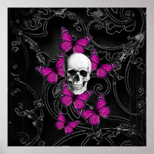 Fantasyskalle och shock rosa butterflies poster