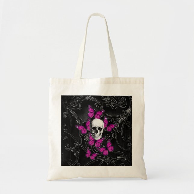 Fantasyskalle och shock rosa butterflies tygkasse (Framsidan)