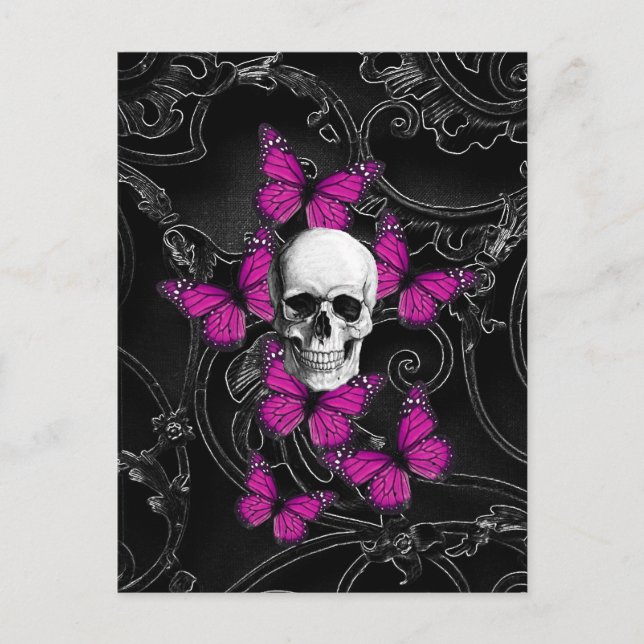 Fantasyskalle och shock rosa butterflies vykort (Framsida)