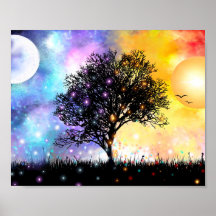 Fantasysolnedgång och tillväxt med regnbåge färg