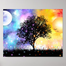 Fantasysolnedgång och tillväxt med regnbåge färg poster