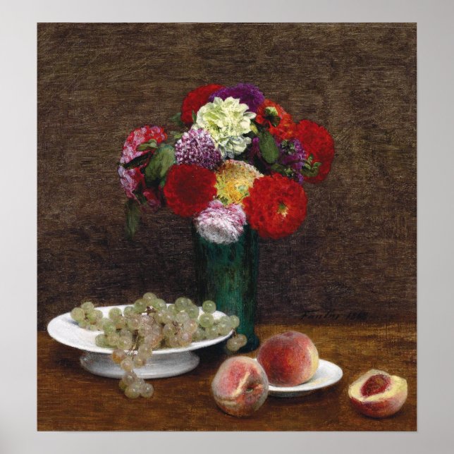 Fantin-Latour - druvor och persikor Dahlias Poster (Framsidan)