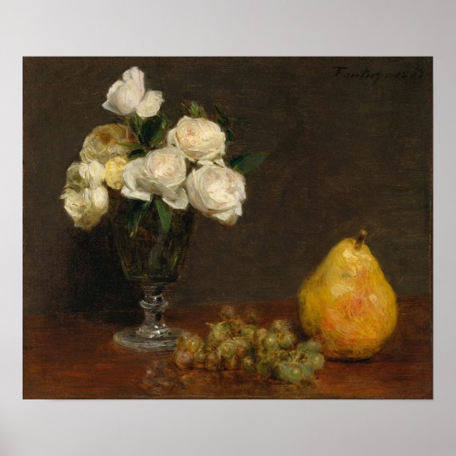 Fantin-Latour - Stilleben med rosor och frukt Poster (Framsidan)