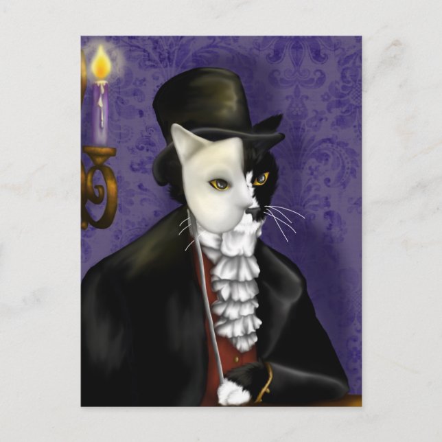 Fantom Cat Mask Tuxedo Cat Fantasy Art-vykort Vykort (Framsida)