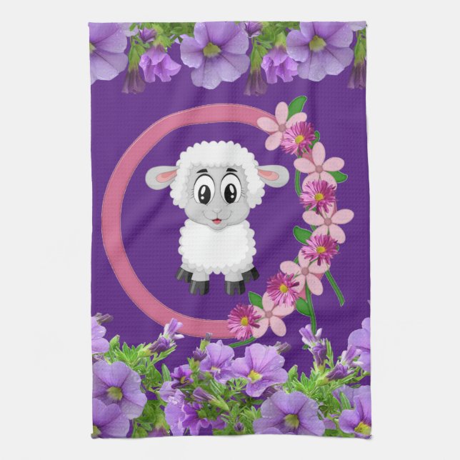 Får Blommigt Lila Kitchen Hand Towel Kökshandduk (Vertikal)