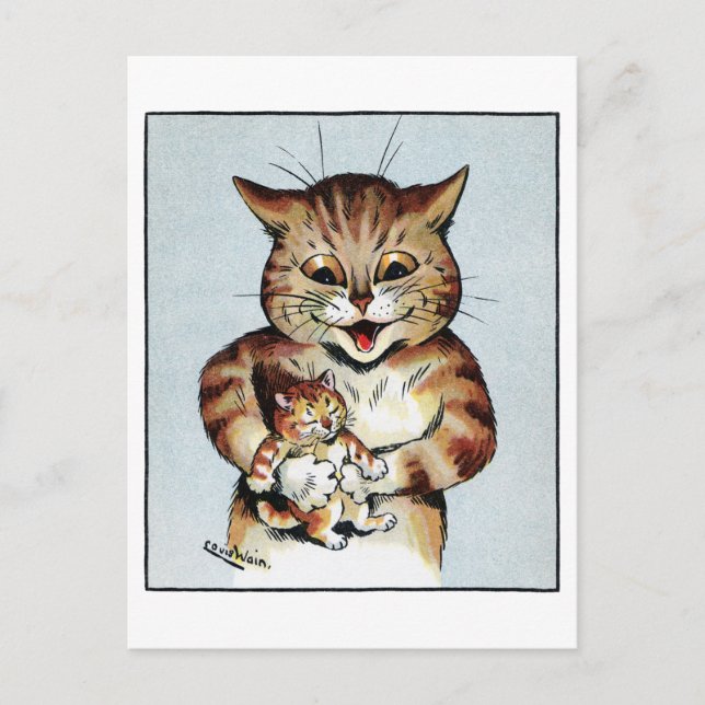 Far Cat Holding a Kitten, Louis Wain Vykort (Framsida)