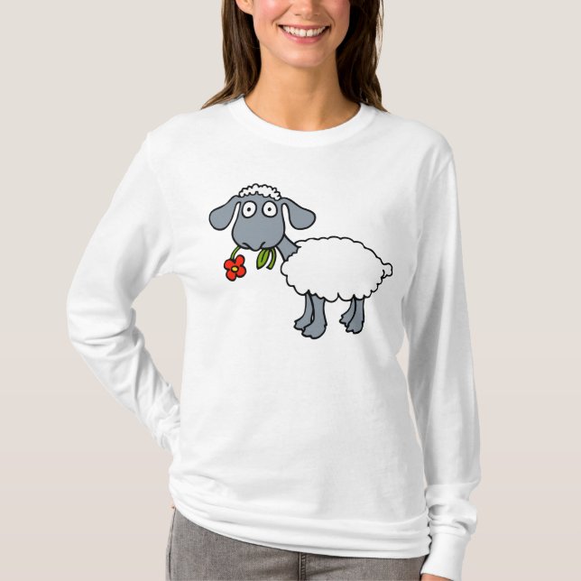 Får Cute Lamb Black Grått White Flower T Shirt (Framsida)