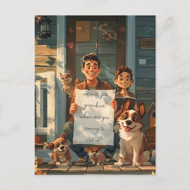 Far, hans son, Hundar och en katt Vykort (Framsida)