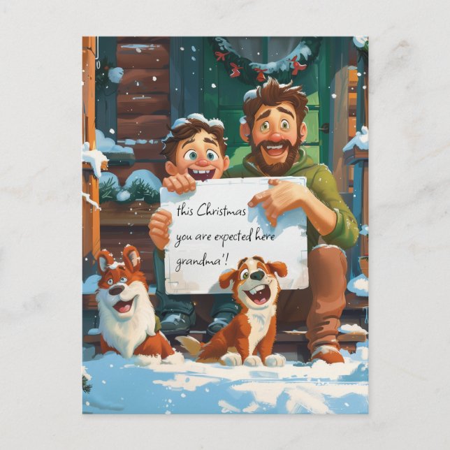 Far, hans son och två hundar vykort (Framsida)