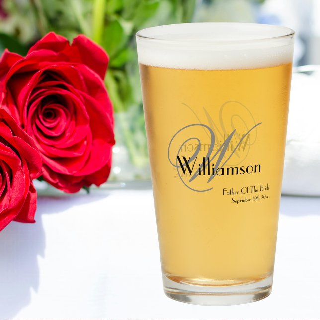 Far i Bride Gift Elegant Monogram Namn Beer Glaskopp (For The Father Of The Bride - An Elegant Monogram Name Beer Glass Gift.)