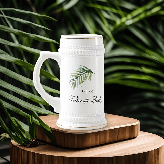 Far i Bröllopsfesten Bride Handflatan Löv Sejdel (Father of the Bride beer stein with tropical palm leaf and calligraphy)