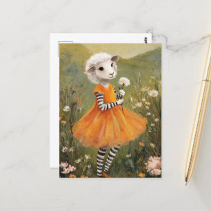 Får i en Orange Dress i Wildblommor Vykort