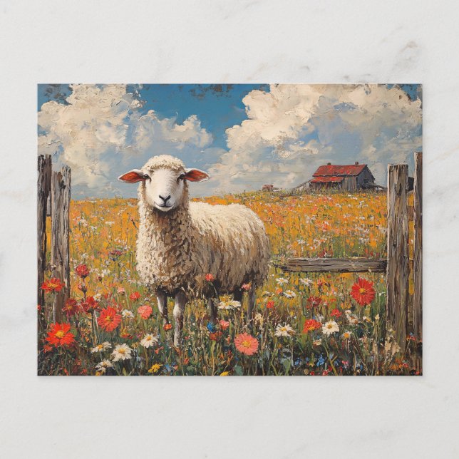 Får i en vildblomma Fält Rustic Farm Vykort (Framsida)