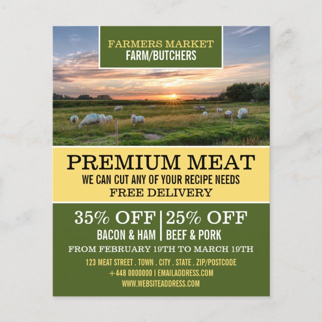 Får i fält, bonde & slaktare reklam flygblad (Framsidan)