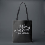 Far i Groom Tote Bag White Modern Script Tygkasse<br><div class="desc">Far i Groom kommer att kärlek den här personligen till väskan! Dubbla-sida med ett vitt skript-typsnitt och snurra i roligten, väskan har också två linjer anpassningsbar text - lägg till Far i Grooms namn, bröllop datum, plats osv. Ändra bakgrunden till färg så att den stämmer överens med bröllop färger -...</div>