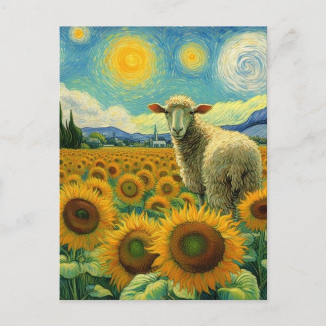 Får i Solrossen Fält Faux Van Gogh Vykort (Framsida)