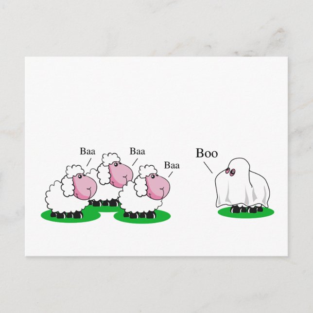 Får klädd som ett Halloween-spöke som går "Boo". Vykort (Framsida)