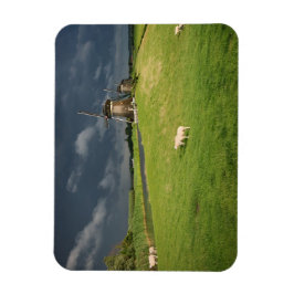 Får med vindkraftverk under moln av mörk magnet