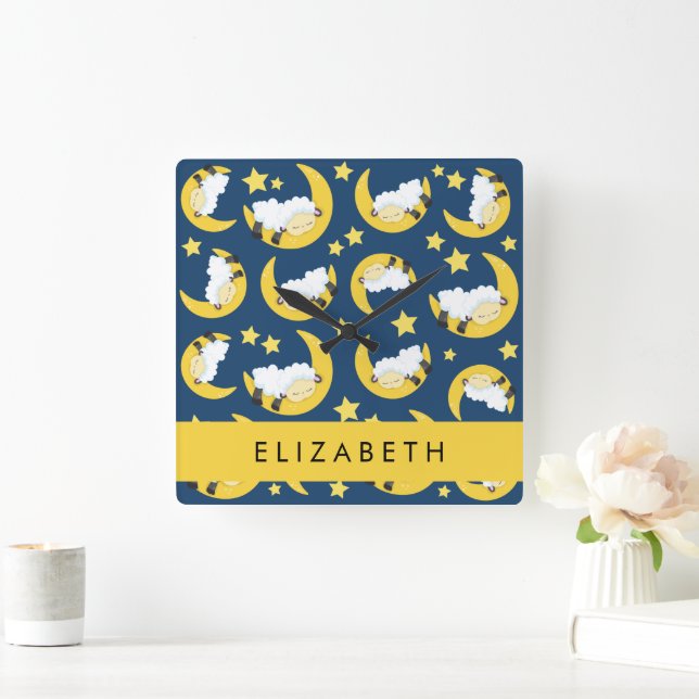 Får Mönster, får, får, Måne, ditt namn Fyrkantig Klocka (Hem)