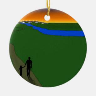 Far och barn i kväll julgransprydnad keramik
