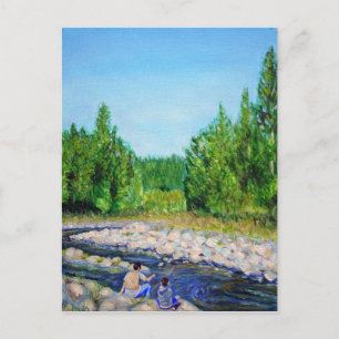 Far och Son Fishing-målning Vykort
