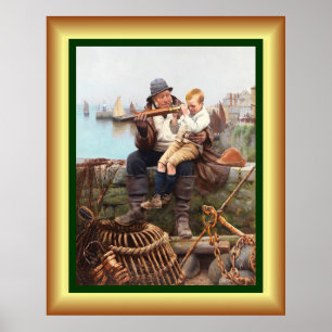 Far och Son Sitta på sjömuren med teleskop Poster