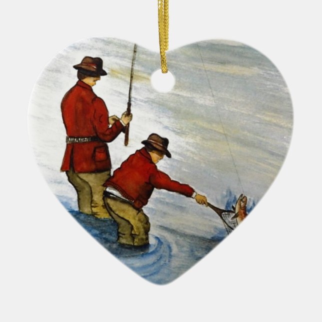 Far och son vid fiske i resa julgransprydnad keramik (Framsidan)