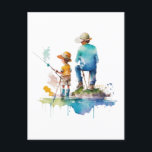 Far och Son Watercolor Illustration Ai Art Vykort<br><div class="desc">Vattenfärgsillustration av ett far och en son som fiskar tillsammans på sjö ai-konsten.</div>