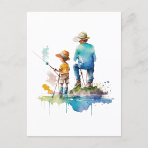 Far och Son Watercolor Illustration Ai Art Vykort
